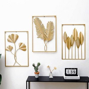 Modern Golden Leaves Set of Three With Golden Rectangular Frame Iron Metal Wall Hanging Tree Decoration For home Office