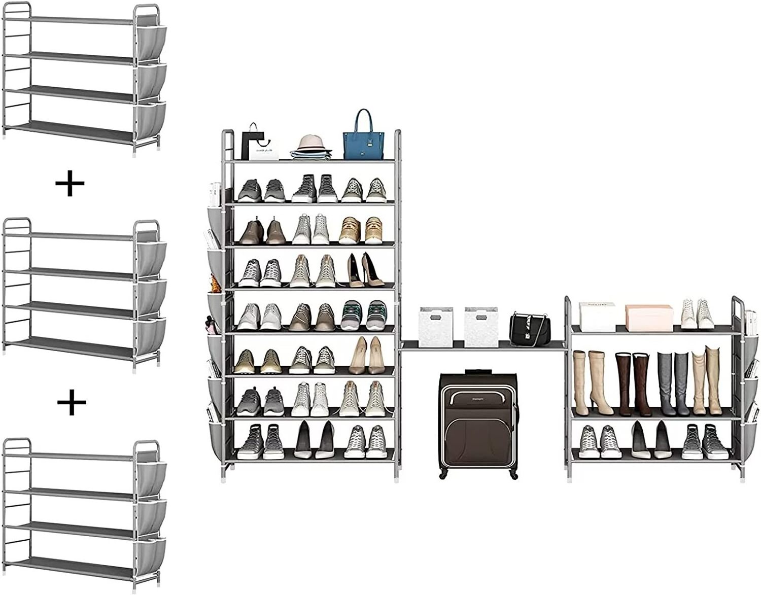 Metal Shoe Rack  with Side Bag Pockets Storage Organizer 4 Tier Free Standing Metal Shoe Shelf Compact Shoe Organizer Entryway