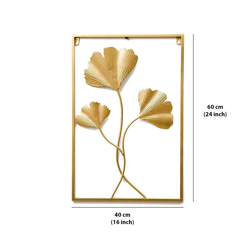 Modern Golden Leaves Set of Three With Golden Rectangular Frame Iron Metal Wall Hanging Tree Decoration For home Office