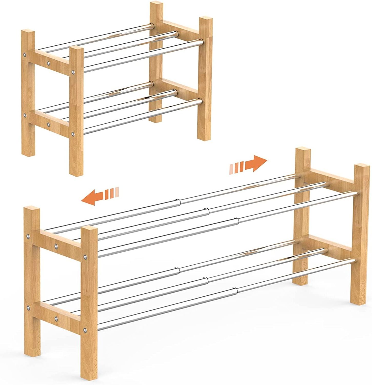 Expandable Shoe Rack Storage Organizer 2 Tier Adjustable Wood and Metal Shoe Shelf Heavy Duty Free Standing Shoe Rack