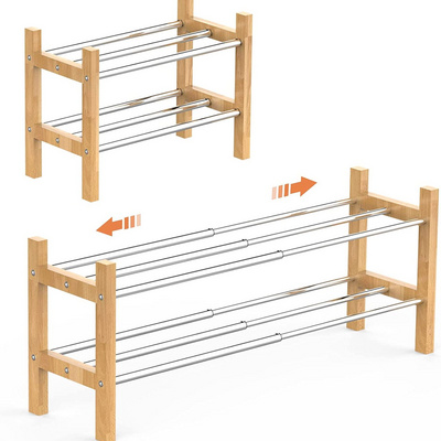 Expandable Shoe Rack Storage Organizer 2 Tier Adjustable Wood and Metal Shoe Shelf Heavy Duty Free Standing Shoe Rack