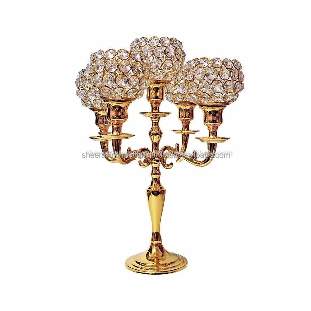 Party Supply Gold Candle Holder Table Centerpieces 5-arms Tall Crystal Wedding table decoration Candelabra with cheap price