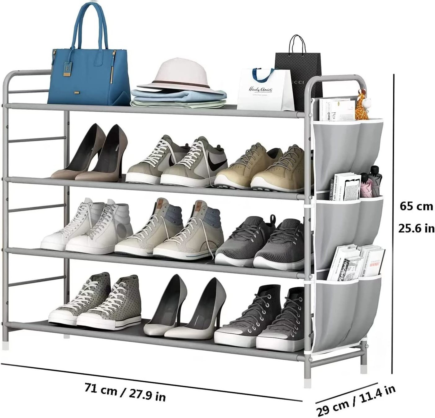 Metal Shoe Rack  with Side Bag Pockets Storage Organizer 4 Tier Free Standing Metal Shoe Shelf Compact Shoe Organizer Entryway