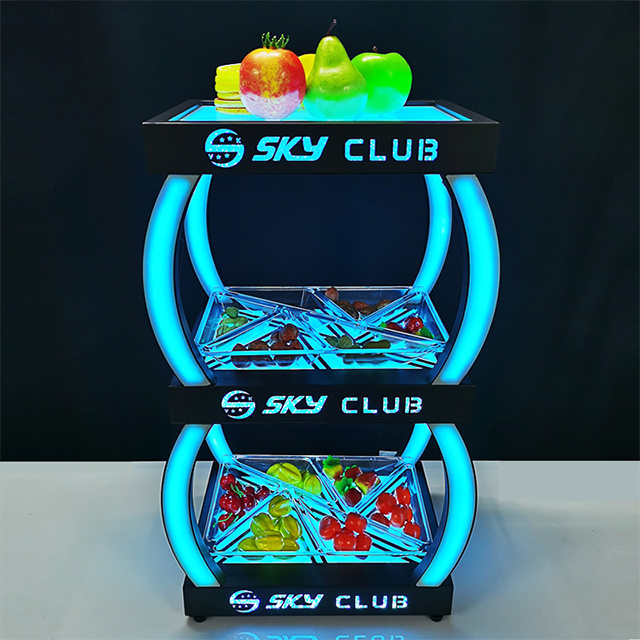 Custom Logo 3 Tier LED Fruit Bar KTV Party Snack Metal Luminous Lighting Acrylic Vegetable LED Serving Tray For Night Club