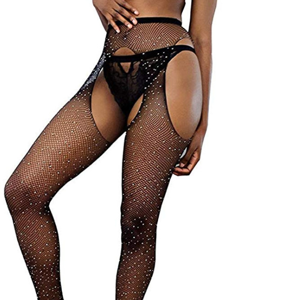 Sexy hot mature women rhinestone pantyhose Four sided hollowed out shiny fishing net tights