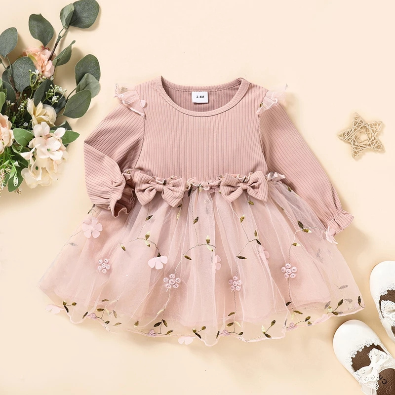 2022 Princess Baby Girls Autumn Dresses Ruffles Long Sleeve Bowknot Lace Flowers Patchwork Toddler Tutu Dress