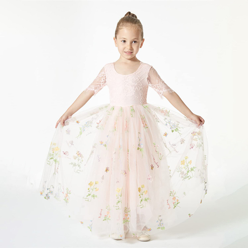 2024 Wholesale Hot Sale Children's Floral Dress Sweet Princess Butterfly Sleeve Runway Chiffon Girls Tulle Dress