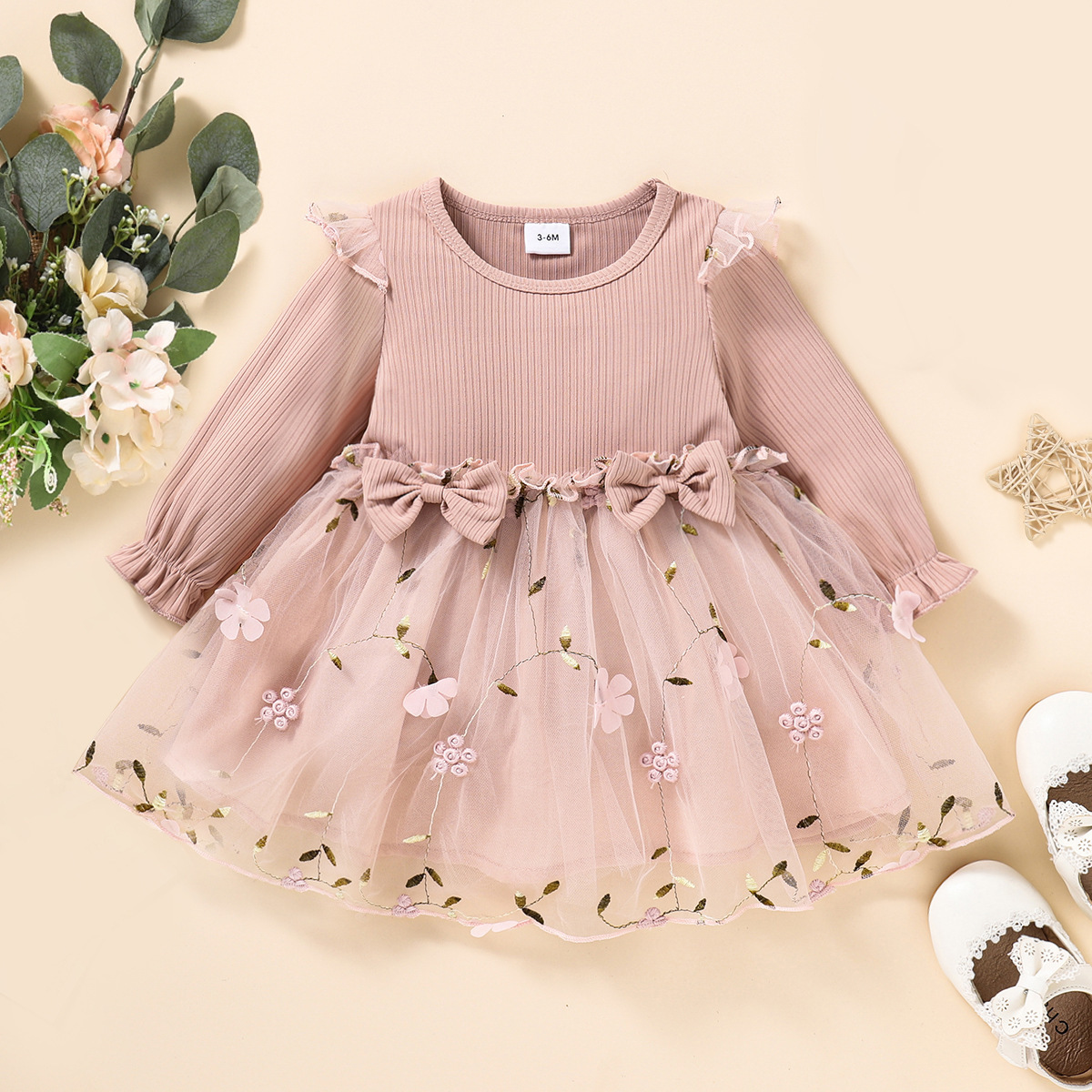 2022 Princess Baby Girls Autumn Dresses Ruffles Long Sleeve Bowknot Lace Flowers Patchwork Toddler Tutu Dress