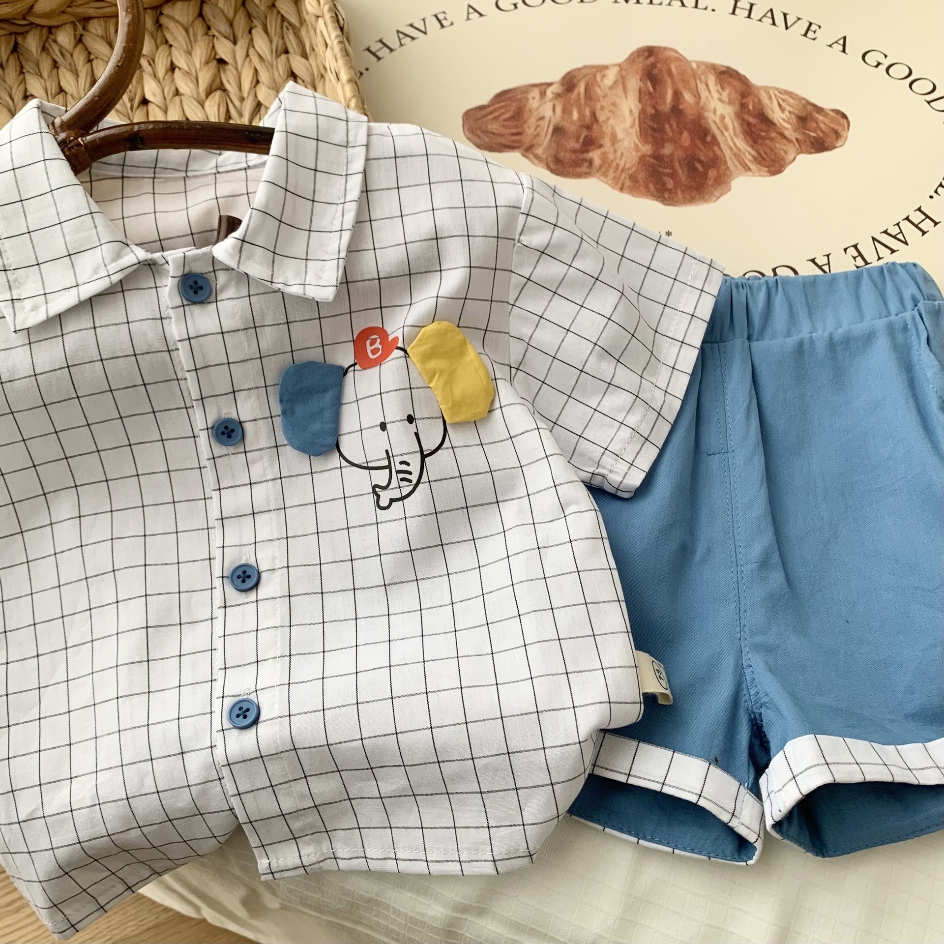 2023 Summer Kids Clothes Short Sleeve Plaid Elephant Print Shirt Shorts Two Piece Korean Infant Outfits Baby Boy Clothing Set