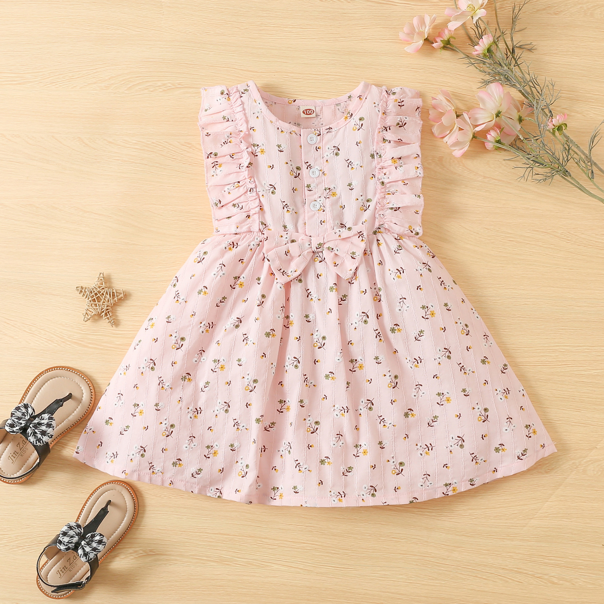 2022 Toddler Baby Summer Dress Clothing Floral Printed Ruffle Strap Sleeveless Bowknot A Line Sundress 3 Color Girl Costume