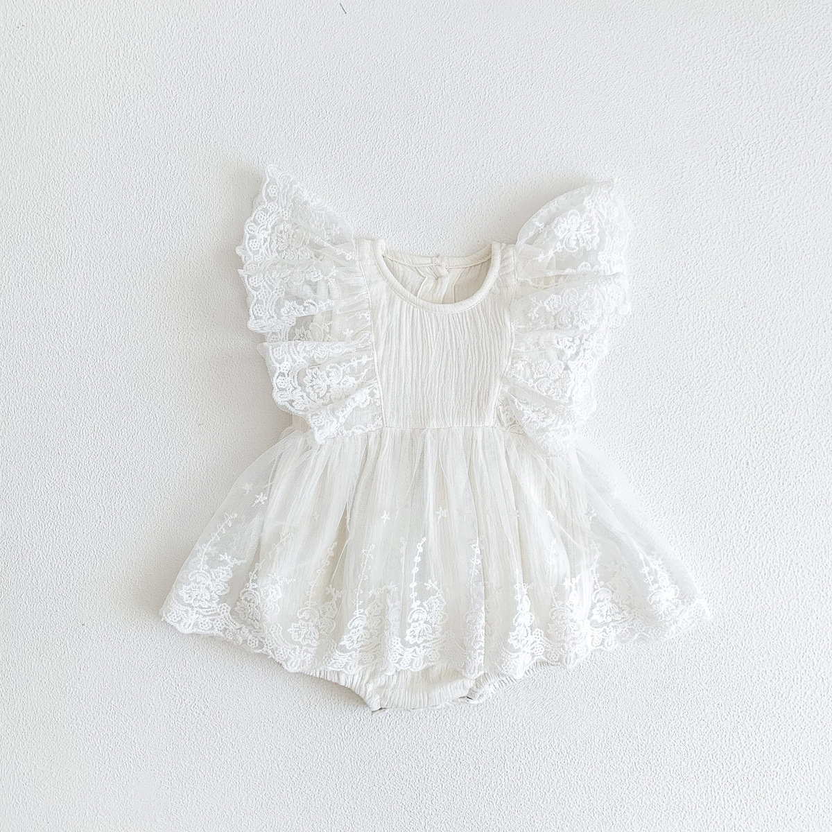 2023 Summer Infant Sweet Jumpsuit Ruffles Flying Sleeve Lace Floral Tiered Layered Dress Baby Girls Tutu Romper