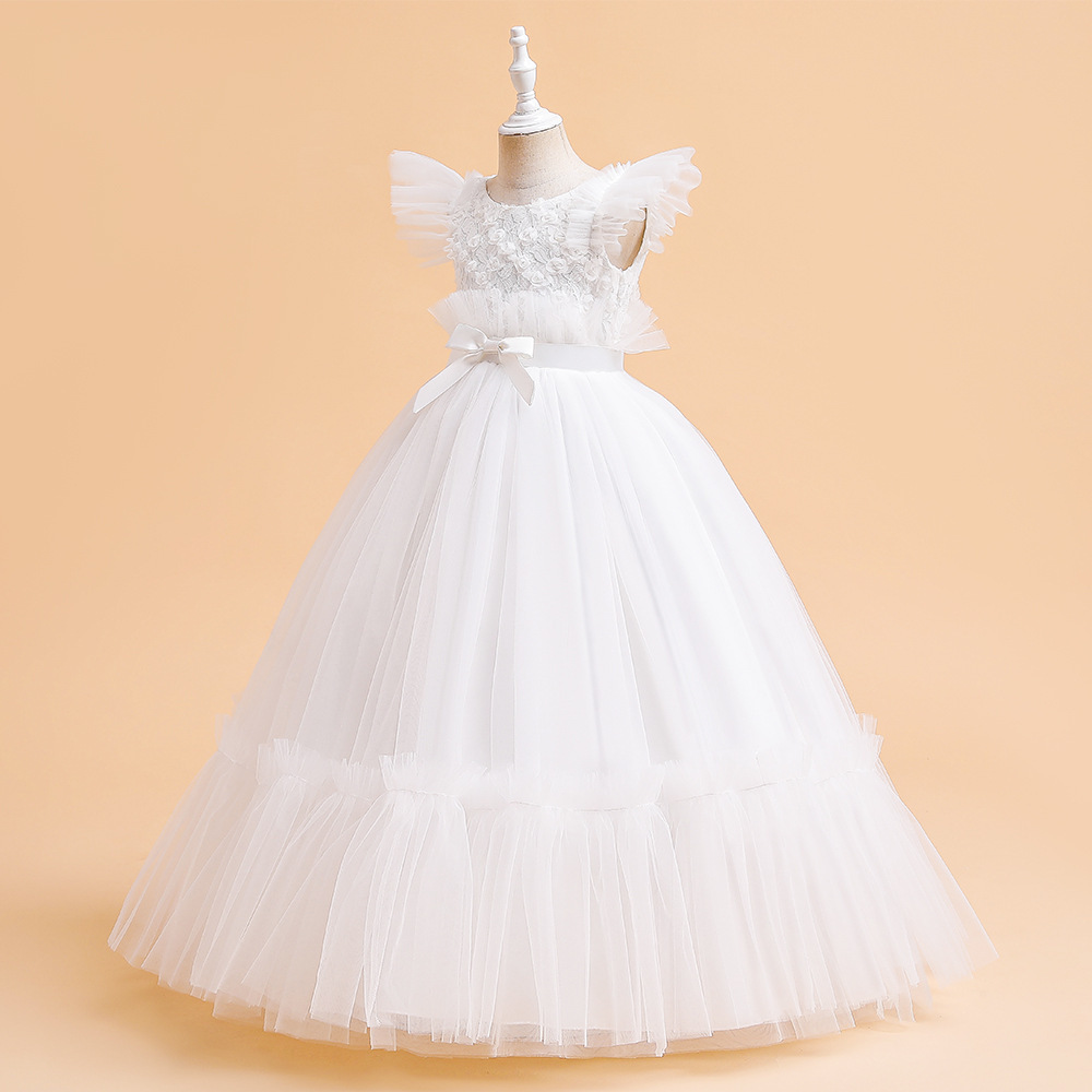 2022 Flower Kids Long Bridesmaid Children Costume Lace Mesh Princess Dresses Wedding Birthday Gown Girl Party Dress