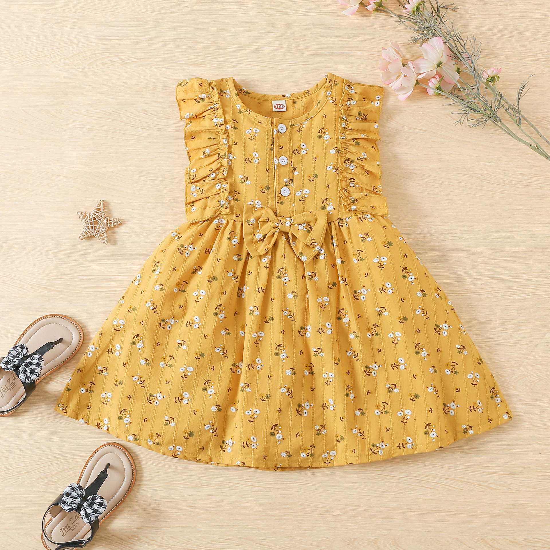 2022 Toddler Baby Summer Dress Clothing Floral Printed Ruffle Strap Sleeveless Bowknot A Line Sundress 3 Color Girl Costume