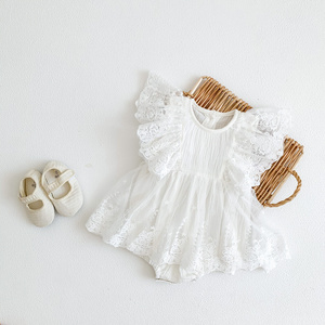 2023 Summer Infant Sweet Jumpsuit Ruffles Flying Sleeve Lace Floral Tiered Layered Dress Baby Girls Tutu Romper