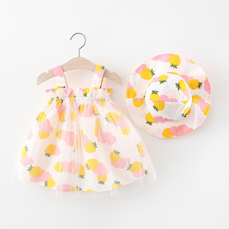 2023 Summer Baby Girls Beach Princess Cute Bow Flowers Sleeveless Cotton Toddler Dresses+Sunhat Newborn Dress