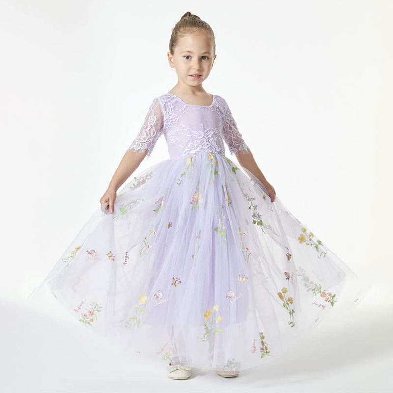 2024 Wholesale Hot Sale Children's Floral Dress Sweet Princess Butterfly Sleeve Runway Chiffon Girls Tulle Dress