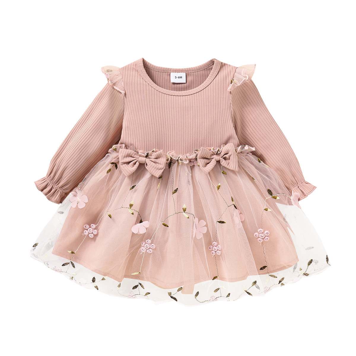 2022 Princess Baby Girls Autumn Dresses Ruffles Long Sleeve Bowknot Lace Flowers Patchwork Toddler Tutu Dress