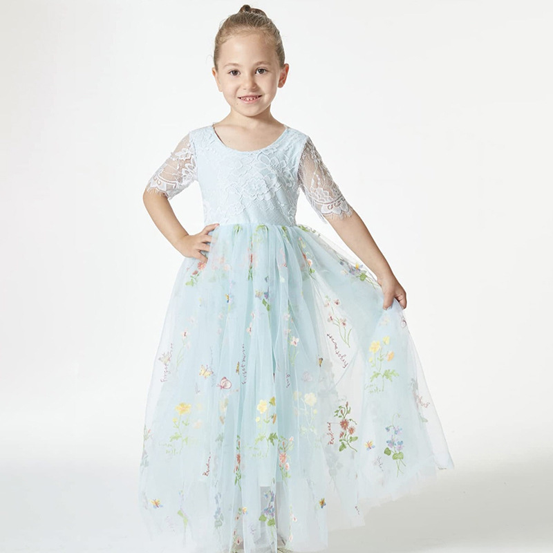 2024 Wholesale Hot Sale Children's Floral Dress Sweet Princess Butterfly Sleeve Runway Chiffon Girls Tulle Dress