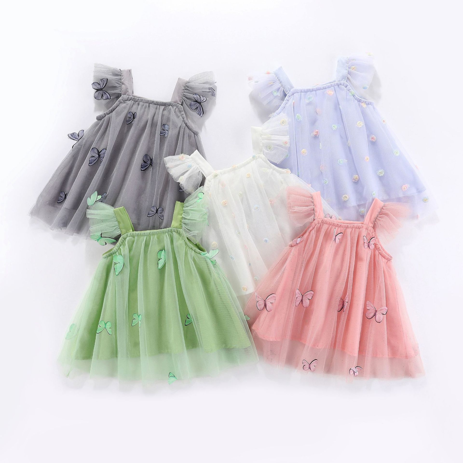 2023 Beautiful Children Sweet Dress 5 Colors Ruffles Fly Sleeve Lace Mesh Tutu Dress 3D Flower/Butterfly Dresses for Girls