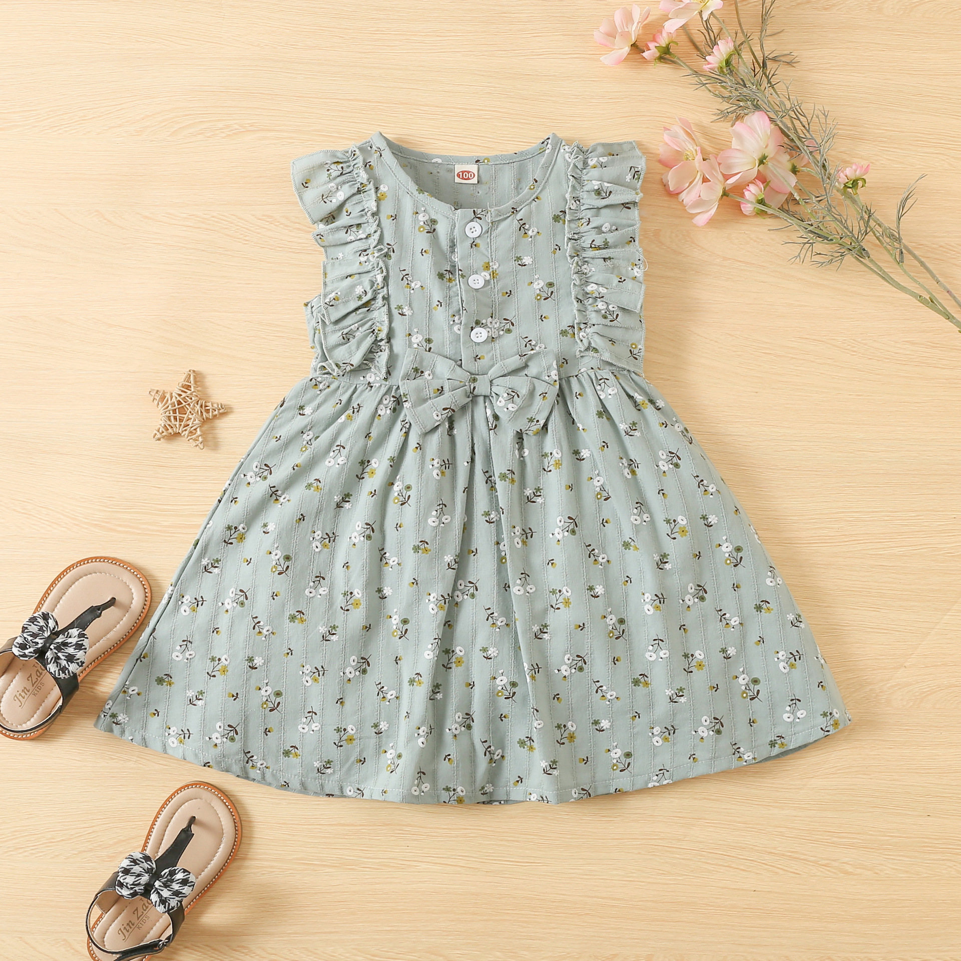 2022 Toddler Baby Summer Dress Clothing Floral Printed Ruffle Strap Sleeveless Bowknot A Line Sundress 3 Color Girl Costume