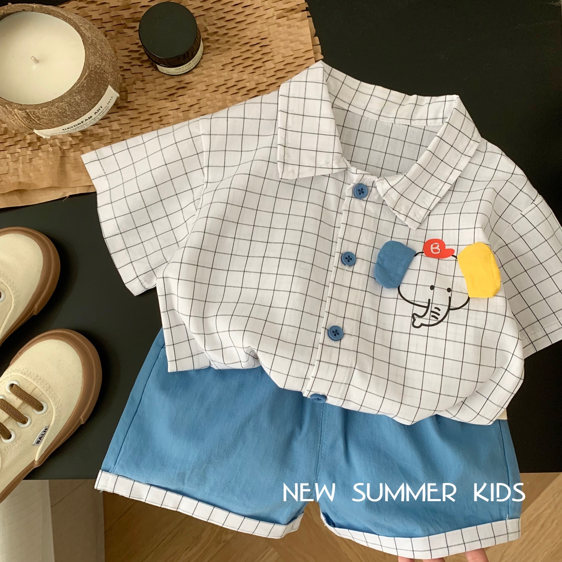 2023 Summer Kids Clothes Short Sleeve Plaid Elephant Print Shirt Shorts Two Piece Korean Infant Outfits Baby Boy Clothing Set