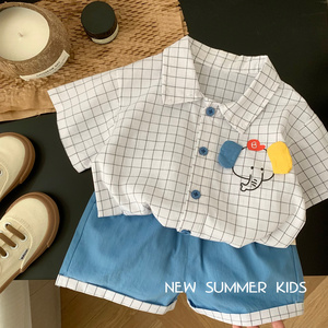 2023 Summer Kids Clothes Short Sleeve Plaid Elephant Print Shirt Shorts Two Piece Korean Infant Outfits Baby Boy Clothing Set