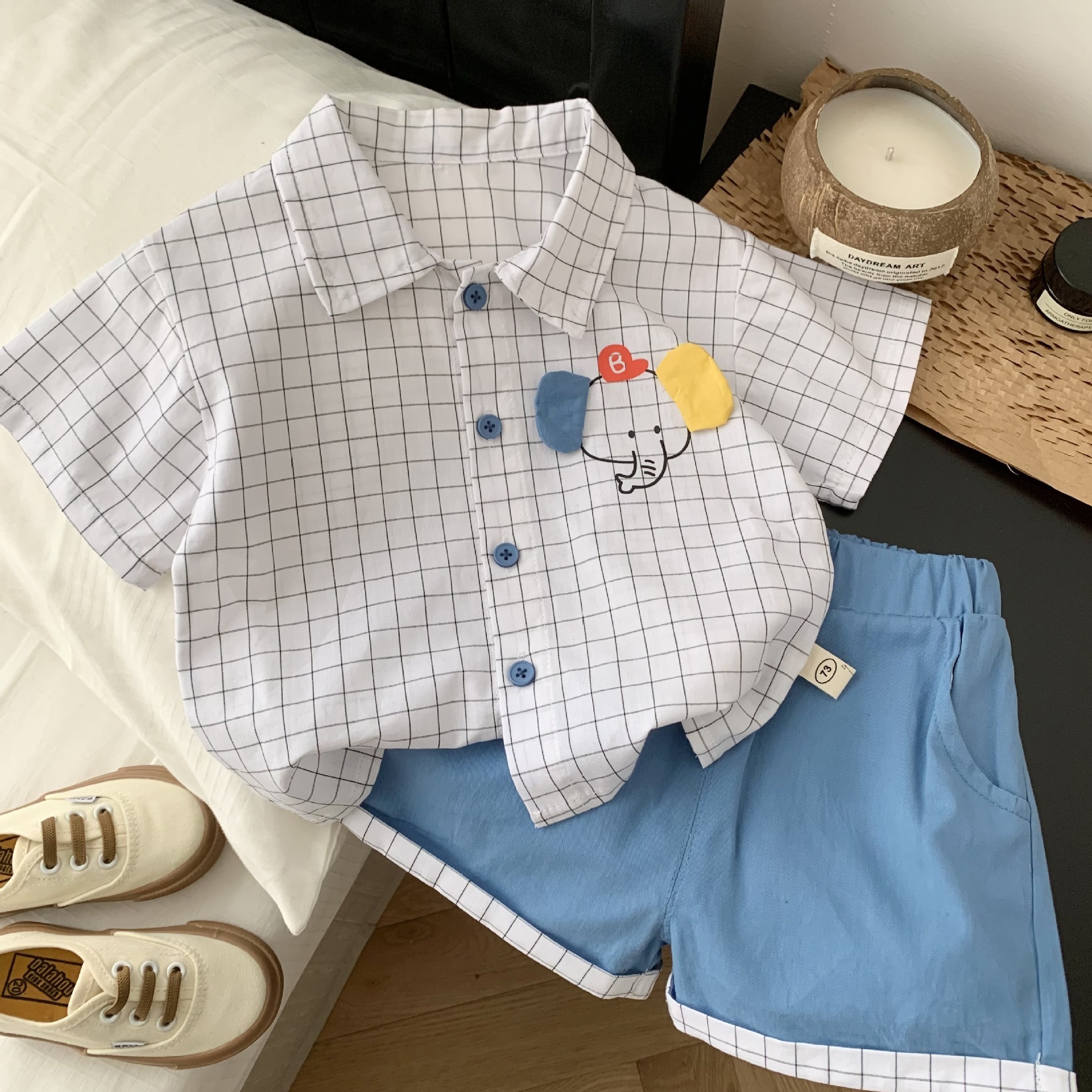 2023 Summer Kids Clothes Short Sleeve Plaid Elephant Print Shirt Shorts Two Piece Korean Infant Outfits Baby Boy Clothing Set