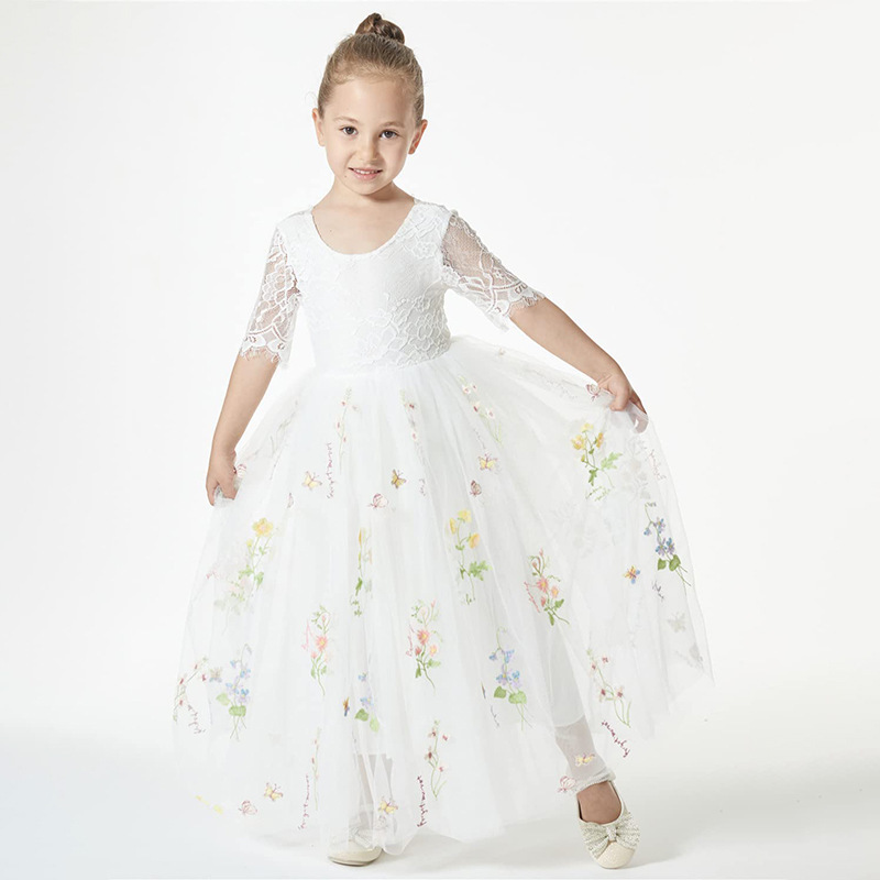 2024 Wholesale Hot Sale Children's Floral Dress Sweet Princess Butterfly Sleeve Runway Chiffon Girls Tulle Dress