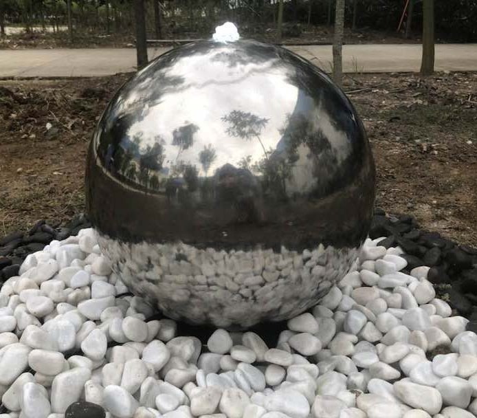 Stainless steel hollow sphere ball water fountain waterfall with led light for garden decoration