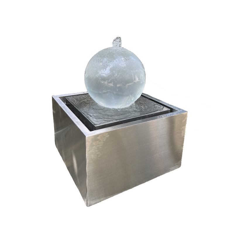 Outdoor fountain with acrylic sphere, sphere water feature ball fountain with stainless steel base with light