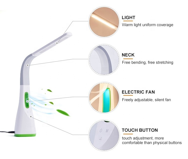 led desk lamp with electric fan touch switch with USB charging port  table reading study desk lamp