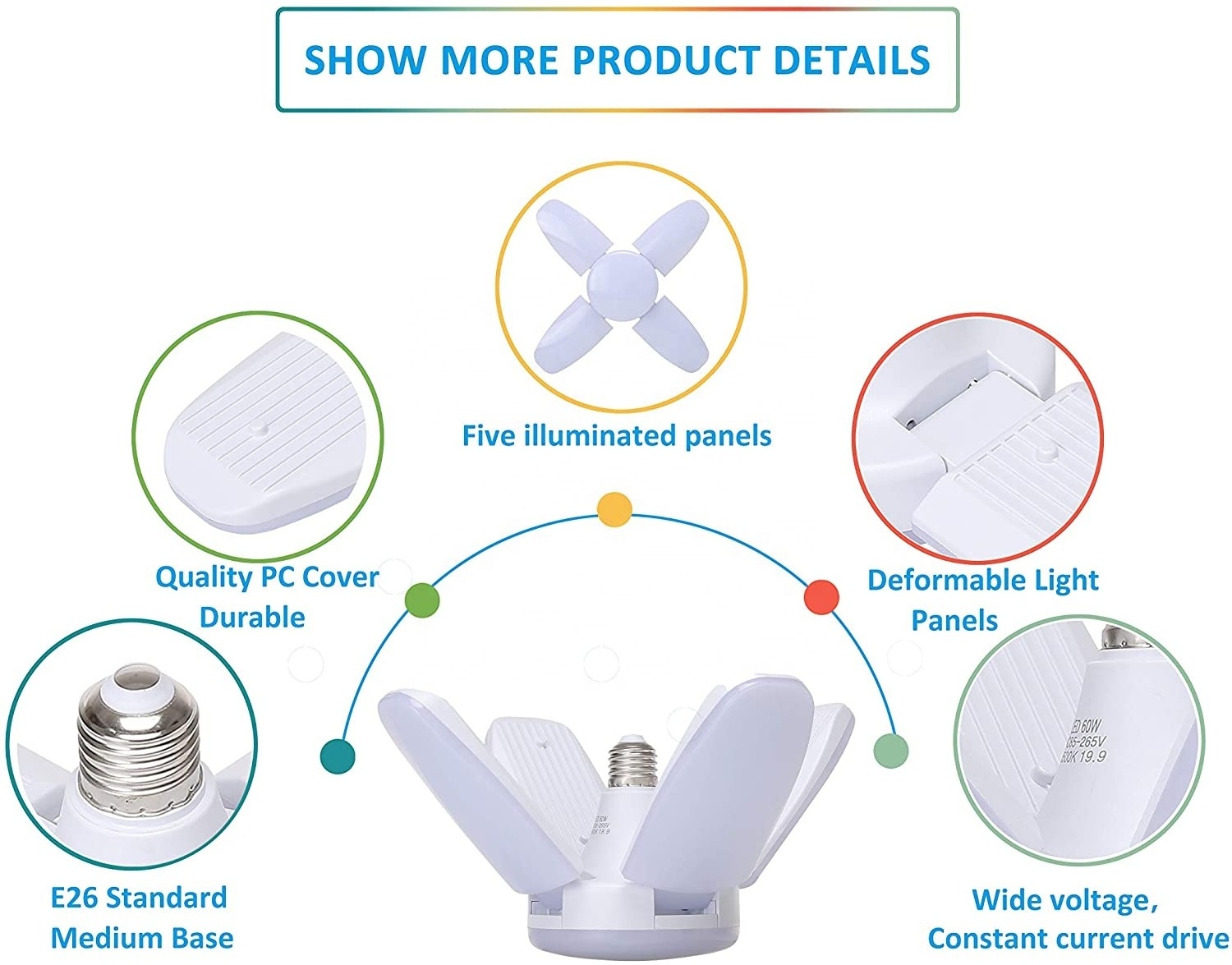 High Quality 60W Deformanle Led Fan Bulb E27 Adjustable light Foldable Fan Blade Led bulb Light