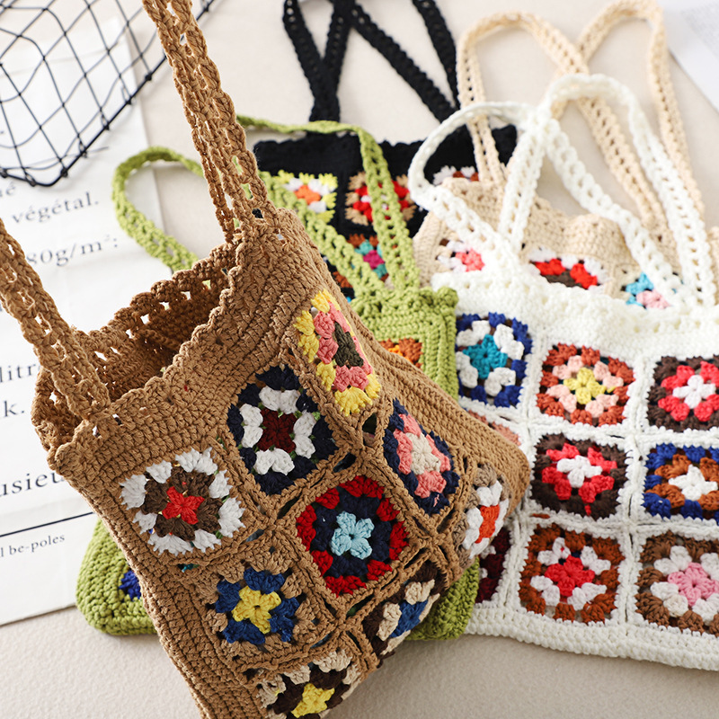 Factory Supply Women Large Tote Bag Beach Granny Square Crochet Handmade Bag