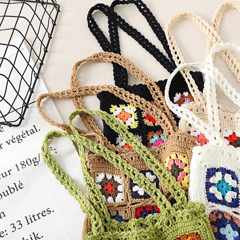 Factory Supply Women Large Tote Bag Beach Granny Square Crochet Handmade Bag