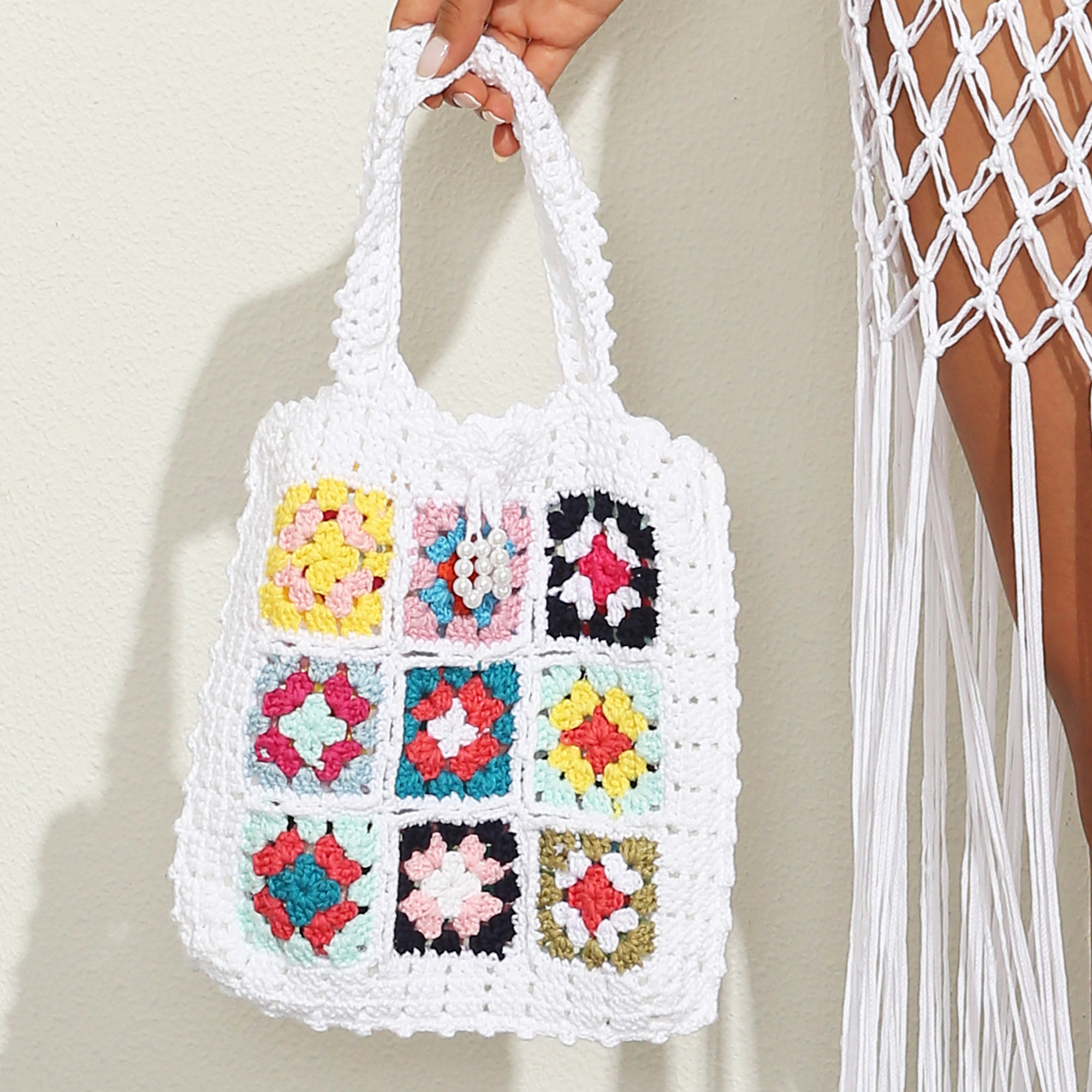 Factory Supply Women Large Tote Bag Beach Granny Square Crochet Handmade Bag