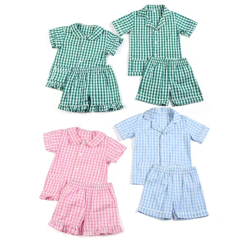 Kids Girls Boys Gingham Ruffled Short Pyjama Sets Summer Cotton Sibling Matching Pajamas