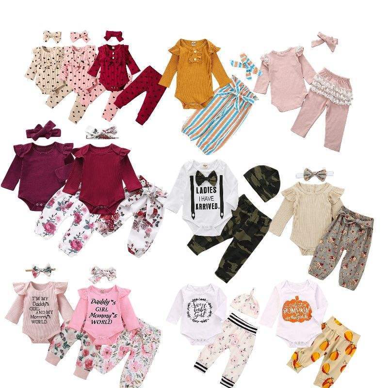 New Arrival Newborn Baby Girls Clothes 3Pcs Infant Ruffled Long Short Sleeve Romper Pants Dress Set Outfits