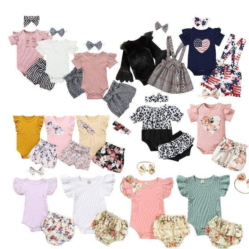 New Arrival Newborn Baby Girls Clothes 3Pcs Infant Ruffled Long Short Sleeve Romper Pants Dress Set Outfits