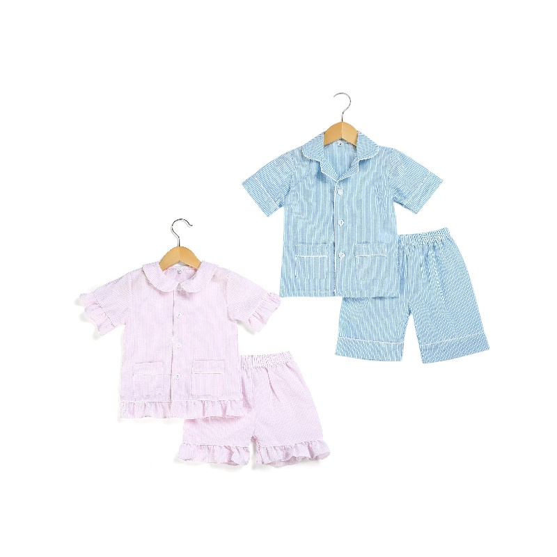 Kids Girls Boys Gingham Ruffled Short Pyjama Sets Summer Cotton Sibling Matching Pajamas