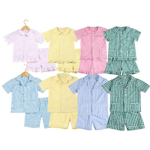 Kids Girls Boys Gingham Ruffled Short Pyjama Sets Summer Cotton Sibling Matching Pajamas