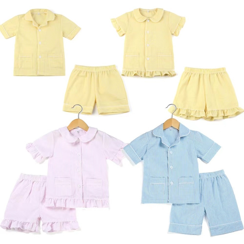 Kids Girls Boys Gingham Ruffled Short Pyjama Sets Summer Cotton Sibling Matching Pajamas