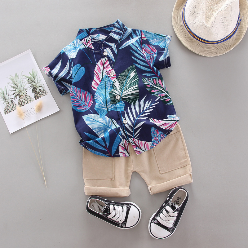 Summer short-sleeved boy shirt suit Korean style lapel shirt leaf pattern children's clothing