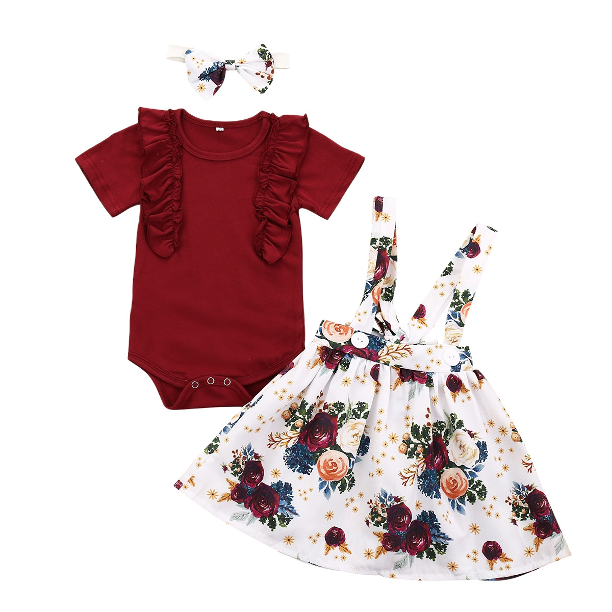 Infant Baby Girl Outfit Ruffle Romper Ribbed Bodysuit Floral Pants Set With Headband