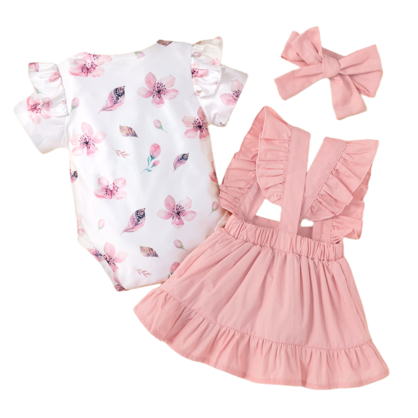 Infant Baby Girl Outfit Ruffle Romper Ribbed Bodysuit Floral Pants Set With Headband