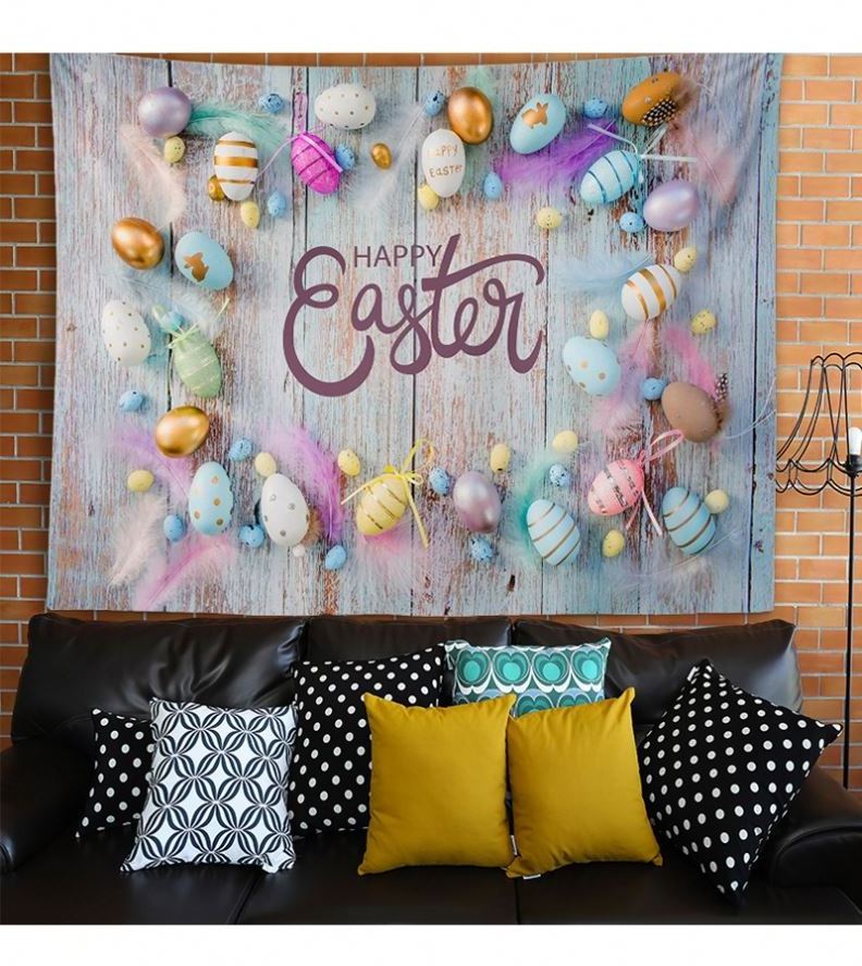 Easter Day Tapestry, Lovely Bunny Bird Flower Blue Egg Cute Rabbit Spring Wall Hanging for Bedroom Dorm Living Room Decor