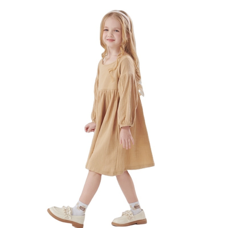 Kids Clothing Wholesale Girls Clothes Fashion Pure Cotton A-Line Linen Dress Long Sleeve Girl Dresses