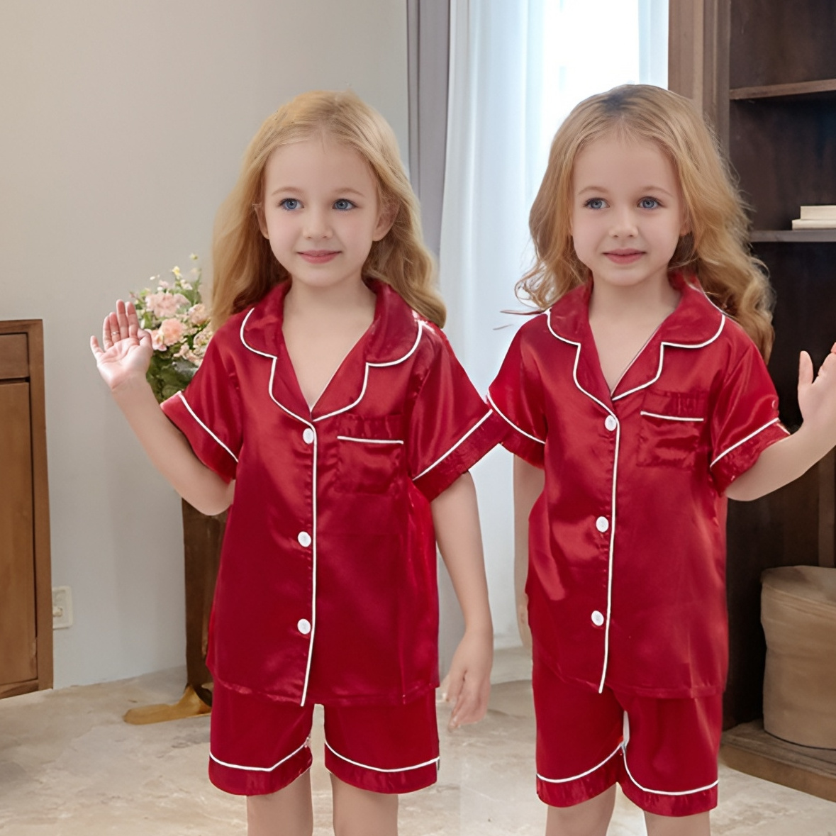 wholesale children clothes set kids summer short sleeve sleepwear satin silk girls pajamas