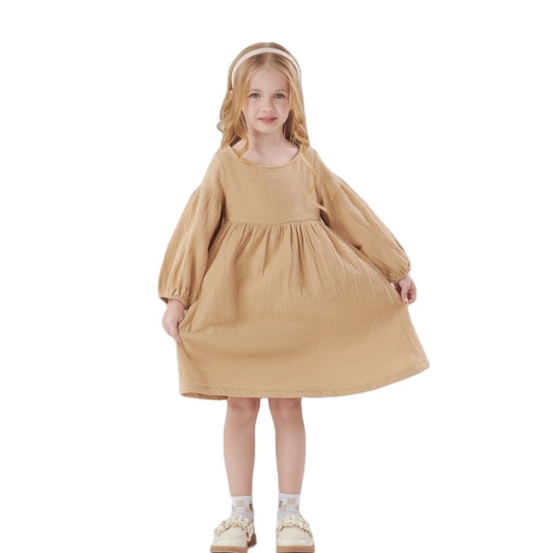 Kids Clothing Wholesale Girls Clothes Fashion Pure Cotton A-Line Linen Dress Long Sleeve Girl Dresses