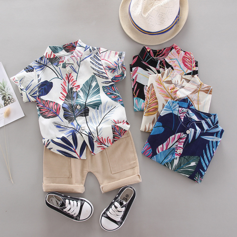 Summer short-sleeved boy shirt suit Korean style lapel shirt leaf pattern children's clothing