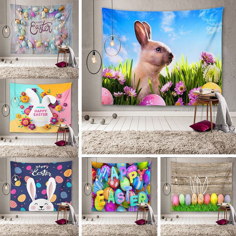 Easter Day Tapestry, Lovely Bunny Bird Flower Blue Egg Cute Rabbit Spring Wall Hanging for Bedroom Dorm Living Room Decor